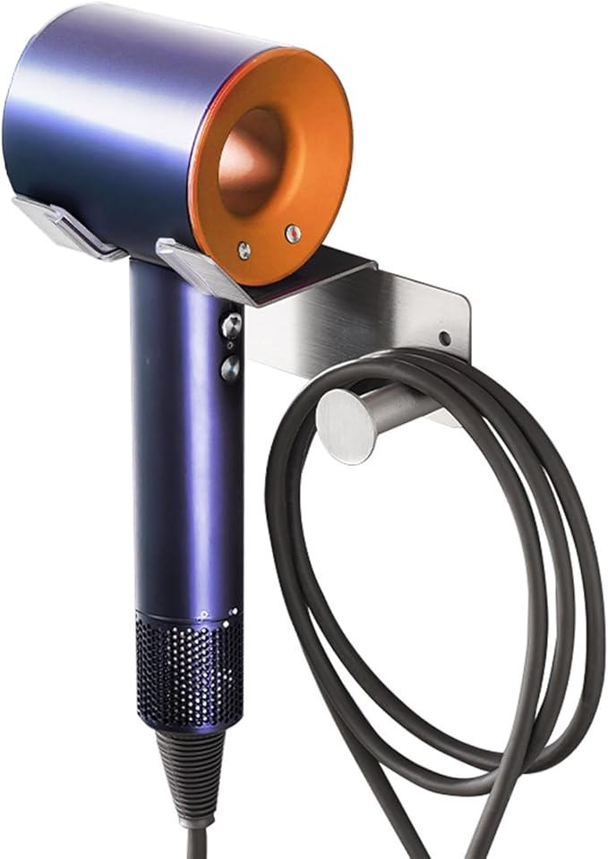 Hair Dryer Holder, Dyson Hair Dryer Holder, Blow Dryer Holder with Cord Hook SUS304 Stainless Steel Wall Mount, Self Adhesive/Screw Space Saving Hairdryer Holder for Bathroom Silver