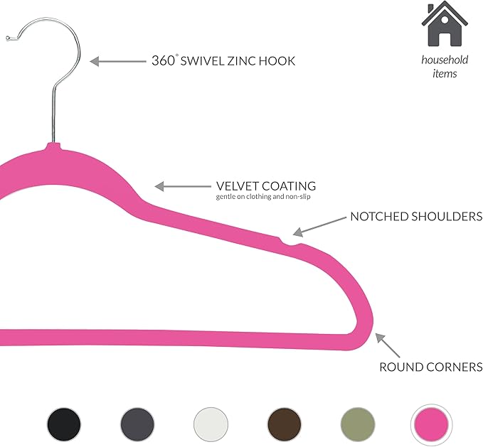 Simplify Slim Velvet Clothes Hangers | 50 Pack | Non-Slip | Shirts | Suit | Pants | Dresses | Garments | Closet Storage & Organization | Durable | Fuchsia