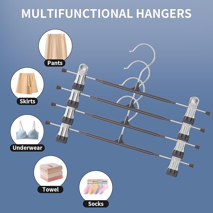 Pants Hangers with Clips 10PACK Adjustable Skirt Hangers for Women Metal Non-Slip Trousers Hanger Heavy Duty Space Saving Clothes Hanger for Shorts,Jeans,12Inch Gray