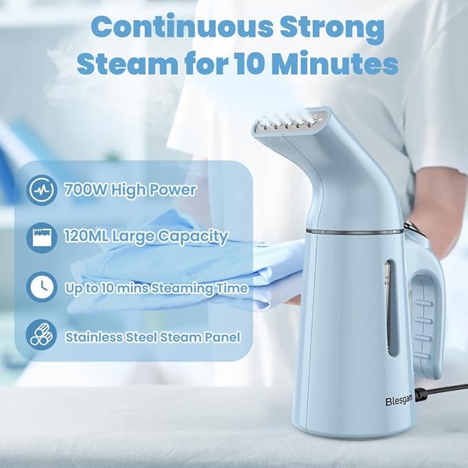 Steamer for Clothes 700W, Fast Heat-up in 40S, 120ML Water Tank, 25g/min Strong Penetrating Steam, Portable Clothes Steamer Iron for Travel and Home(GY169-Blue)