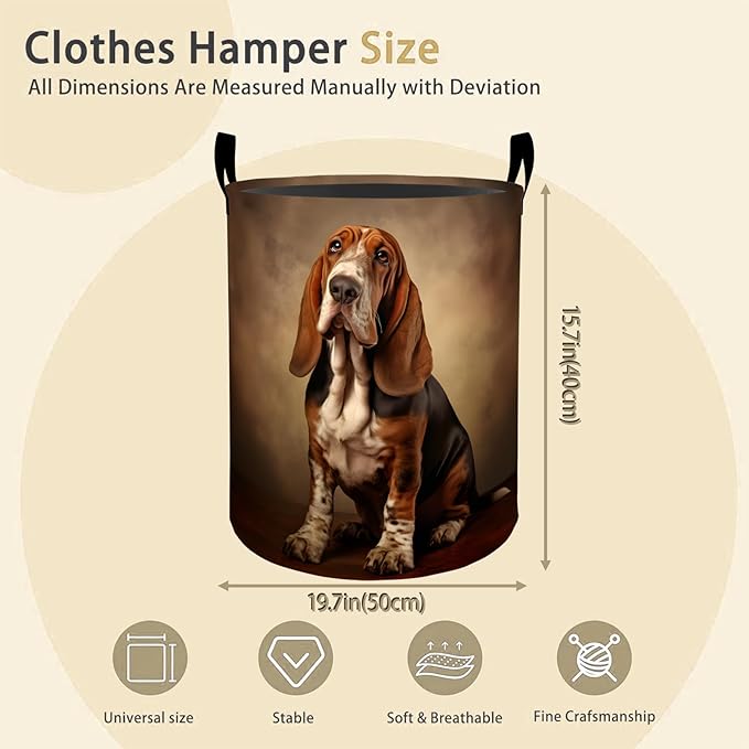 Basset Hound Dog Laundry Basket Hamper for Boys Girls Kids Adults, Foldable Waterproof Oxford Clothes Storage Bin, Pet Organizer for Bedroom Bathroom Room Decor 19.7"x15.8"