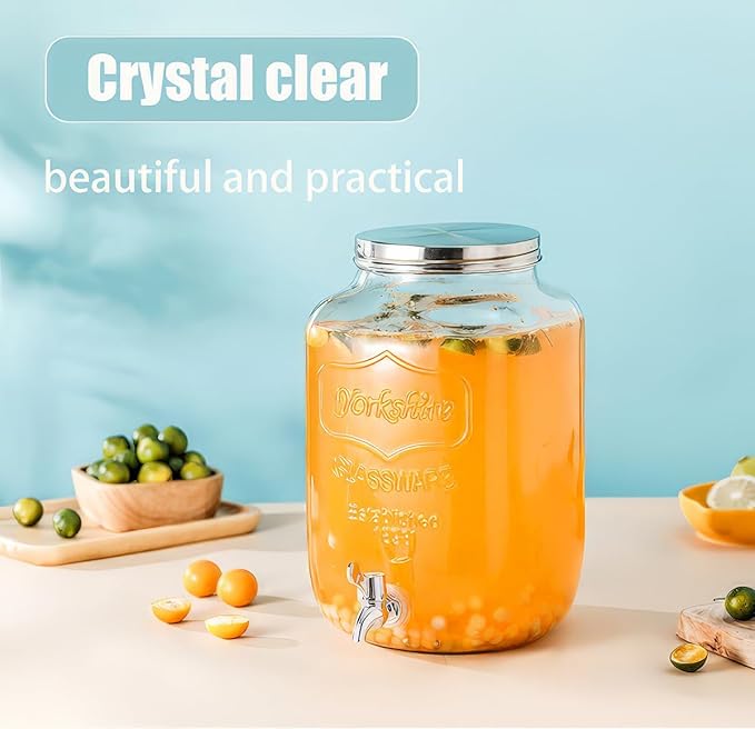 2 Gallon Christmas Drink Dispenser with 18/8 Stainless Steel Spigot – Glass Mason Jar for Sun Tea, Iced Lemonade, Holiday Parties, Outdoor Use & Laundry Detergent Holder