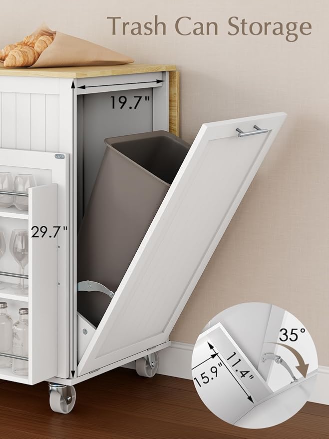 Kitchen Island with Storage, 31.5" D Rolling Kitchen Island Cart on Wheels with Widen Drop Leaf Rubberwood Top, Large Mobile Kitchen Islands with Trash Can Storage and Towel Bar, White