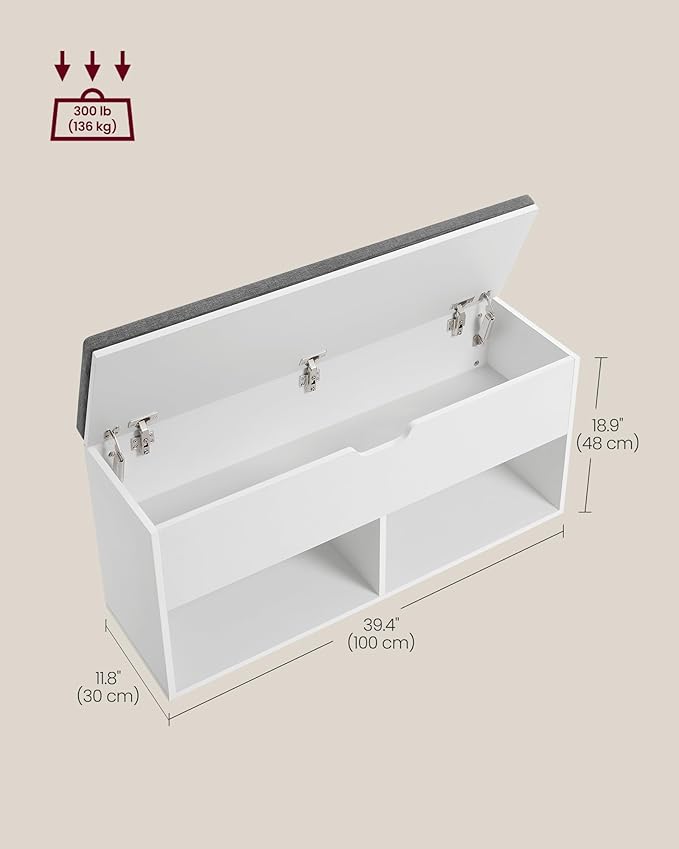 VASAGLE Shoe Storage Bench with Cushion, Entryway Shoe Rack Bench with Storage, 2 Open and 1 Hidden Compartments, for Living Room, Bedroom, White and Gray ULHS021W01