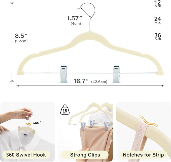 HOUSE DAY Velvet Skirt Hangers 36 Pack, Beige Velvet Pant Hangers with Adjustable Clips, Space Saving Slim Shorts Hanger, Heavy Duty Non Slip Clip Hanger for Pants, Skirts, Shorts