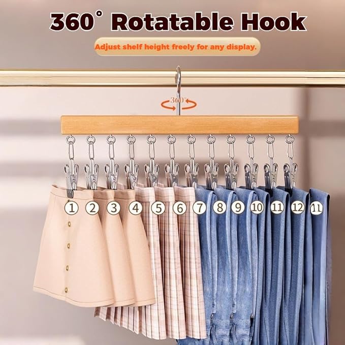 2026 New Closet Organizer with 10 Clips - Space Saving Hanging Closet Organizer, 12 Clips, Closet Organizers and Storage, 360° Rotating, for Jeans, Hats, Shorts, Socks (Nature*2)