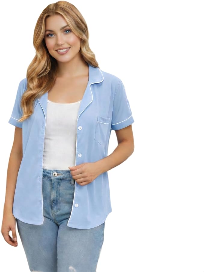 USBD Post Mastectomy Shirt with Drain Pockets Lapel Collar Post Op Button Down Recovery Tops