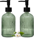 Striped Hand Soap Dispenser, 13.5oz Green Glass Soap Dispenser with Black Plastic Pump, Elegant Refillable Countertop Hand Liquid Dispenser for Kitchen, Bathroom, Dish Soap, Lotion (2 Pack)