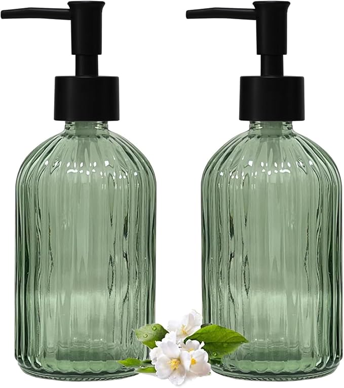 Striped Hand Soap Dispenser, 13.5oz Green Glass Soap Dispenser with Black Plastic Pump, Elegant Refillable Countertop Hand Liquid Dispenser for Kitchen, Bathroom, Dish Soap, Lotion (2 Pack)