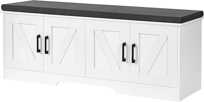 2-Tier Storage Bench, 47.2" Wide Shoe Bench with Padded Seat Cushion, Entryway Bench with 4 Barn Doors and Adjustable Shelf, White