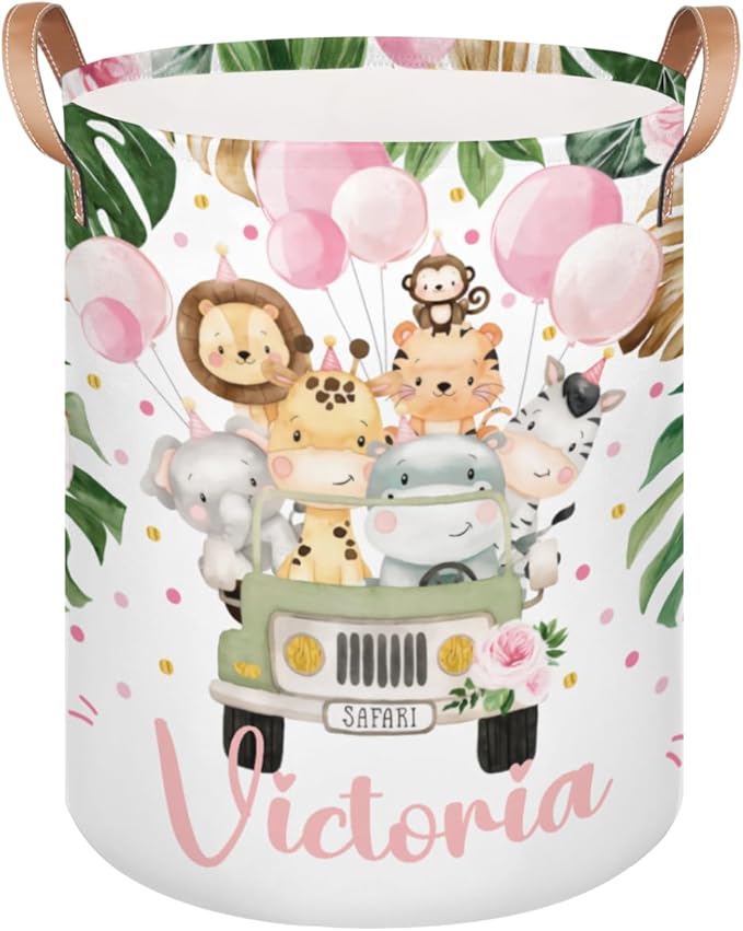 Personalized Laundry Basket, Custom Gift Laundry Hamper, Collapsible Nursery Waterproof Laundry Baskets, Dirty Clothes Toy Hamper with Handles Jungle Safari Animals