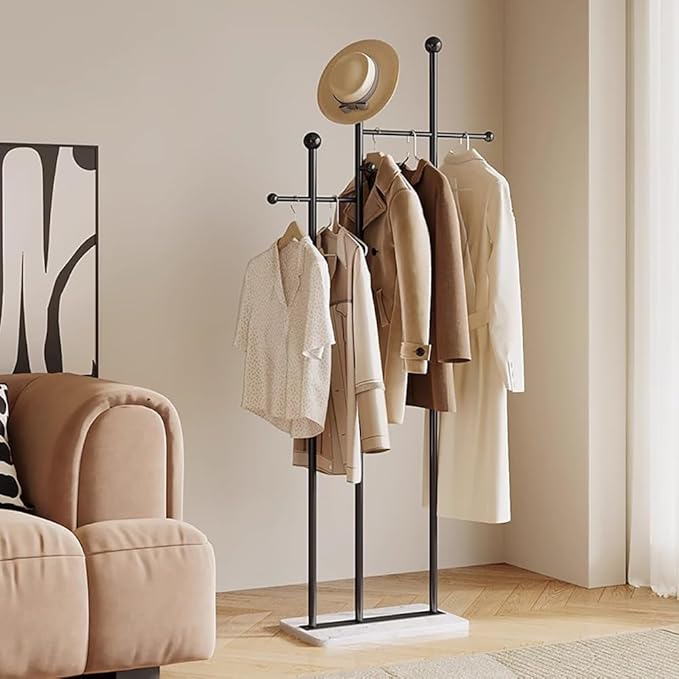 Standing Coat Rack with Marble Base Heavy Duty Clothes Hanger Rack Metal Coat Tree for Clothes Hats Scarfs Purses 19.69 x 11.02 x 68.9 Inches (Black)