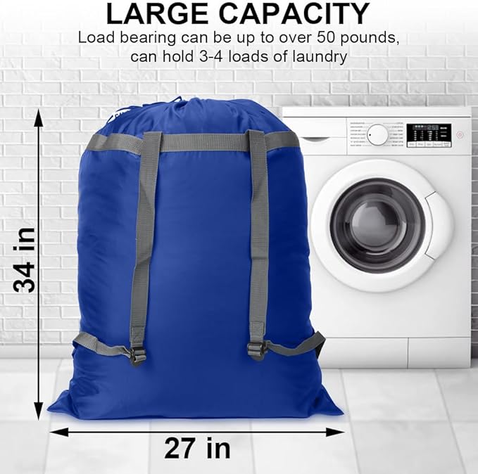 2 Pack Laundry Bag Backpack, 27” x 34”Sturdy Laundry Bag with Shoulder Straps Drawstring Closure Heavy Duty Foldable Laundry Backpack for College, Travel, Laundromat, Apartment (Blue)
