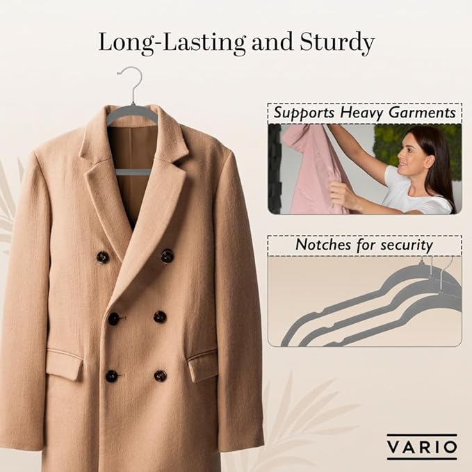50-Pack Velvet Hangers – Heavy Duty, Non-Slip Clothes Hangers with Chrome Hooks | Slim & Space-Saving Design for Coats, Suits & Plus Size Tops (Grey)