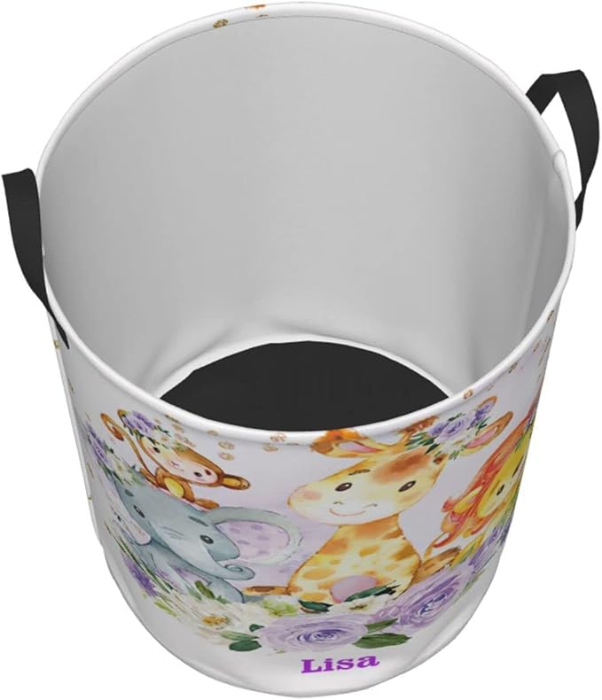 Purple Flower Animals Personalized Laundry Hamper Custom with Name Collapsible Waterproof Storage Basket with Handles for Bedroom Decor Gift.