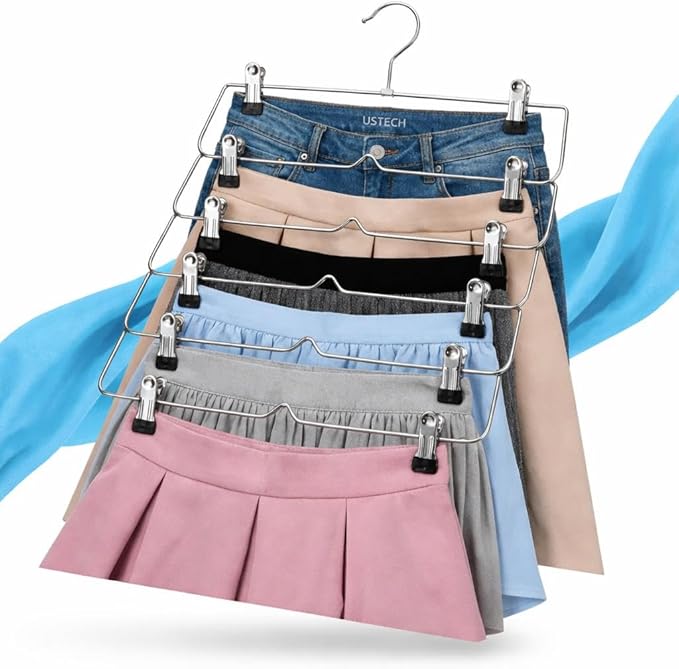 USTECH 6-Tier Skirt Hangers with Clips – Rust-Resistant Stainless Steel Multi-Layer Organizer for Skirts, Pants, and Women’s Clothing Storage – Non-Slip Adjustable Clips – Space Efficient, Pack of 4