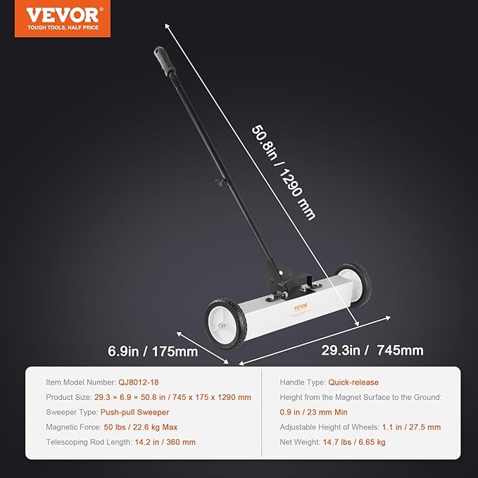 VEVOR Rolling Magnetic Sweeper with Wheels, 50Lbs 24-inch Large Magnet Pickup Lawn Sweeper with Telescoping Handle, Push-Type Magnetic Pick Up Sweeper, Easy Cleanup of Workshop Yard Garage
