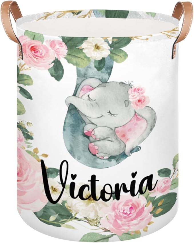 Personalized Laundry Basket, Custom Gift Laundry Hamper, Collapsible Nursery Waterproof Laundry Baskets, Dirty Clothes Toy Hamper with Handles Floral Sleeping Elephant