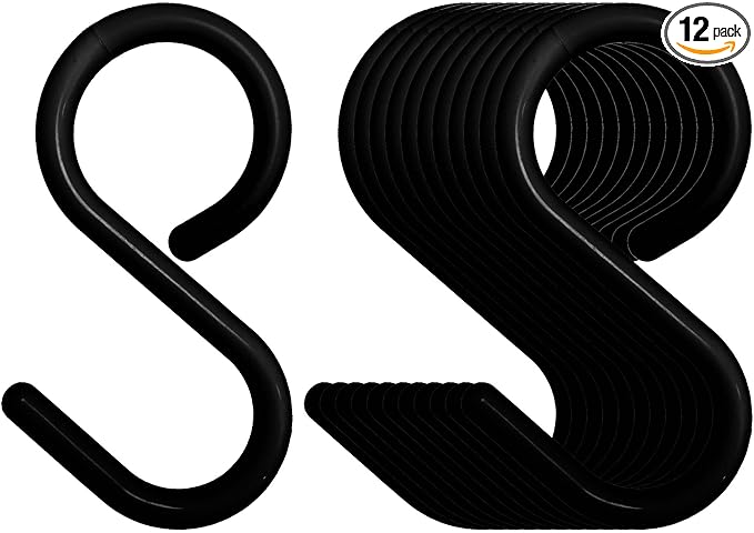 12-Pack Secure & Quiet Plastic S Hooks, Flexible Neck for Easy Twist & Lock, Completely Rust-Free, Holds up to 10 lbs, Black, Small(2.4 inch)