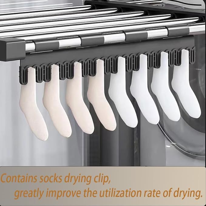Portable Clothes Drying Rack for Balcony Railings Windowsill, Folding Towel Rack Indoor Outdoor Retractable Laundry Rack with Sock Clips for Drying Socks