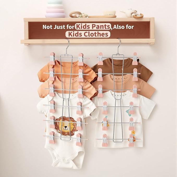DOIOWN 6-Tier Baby Hangers with Clips - Space Saving Kids Pants Hangers for Babies & Kids Pant,Clothe,Adjustable Toddler Clothes Hanger for Newborn Children Closet Organization Pink 4Pack