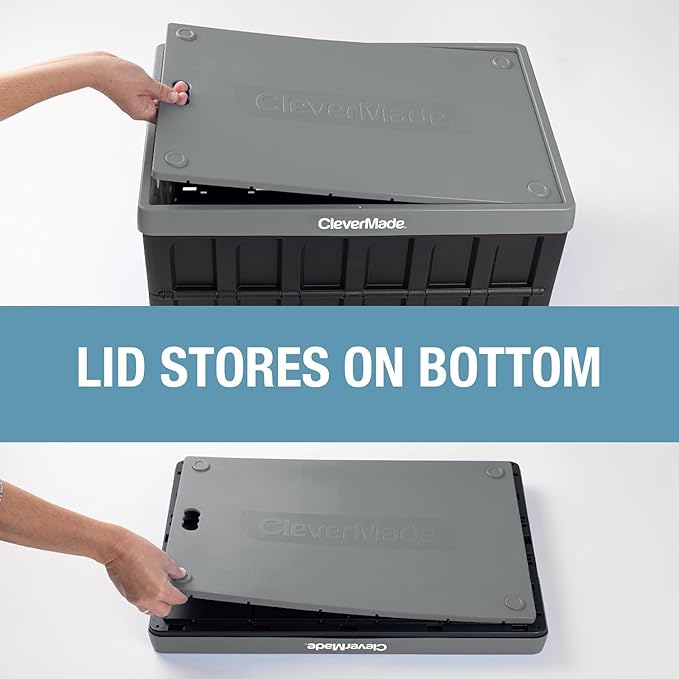 CleverMade Collapsible Storage Bins with Lids - Stone 1 Pack 62L - Plastic Container Stackable Organization Crate for Home - Closet Space-Saving Durable