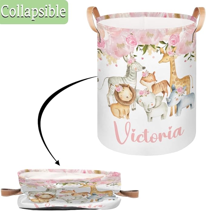 Personalized Laundry Basket, Custom Gift Laundry Hamper, Collapsible Nursery Waterproof Laundry Baskets, Dirty Clothes Toy Hamper with Handles Girl Safari Animals