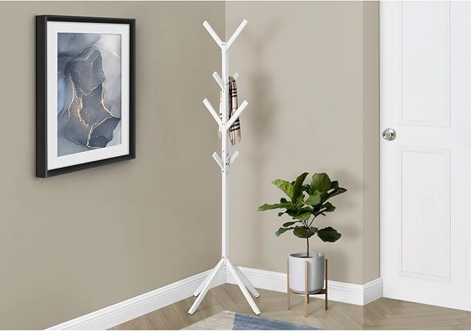 Monarch Specialties I 2059 Coat Rack, Hall Tree, Free Standing, 8 Hooks, Entryway, 70" H, Bedroom, Metal, White, Contemporary, Modern