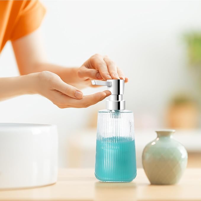 Glass Soap Dispenser for Bathroom, 250ml/8.5oz Dish Soap Dispenser with Pump for Kitchen, Modern Minimalist Stripe Style Hand Soap Dispenser, Small Refillable Soap Dispenser (Clear 1pc)