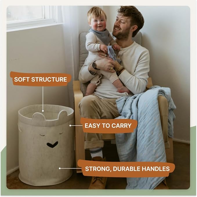 Parker Baby Bear Felt Laundry Hamper | Spacious & Collapsable Storage Basket for Nursery | Lightweight Laundry Hamper Basket with Flexible & Sturdy Handles | Neutral Colors & Fits Any Room