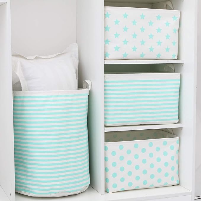 Sea Team 19.7 Inches Large Sized Waterproof Coating Ramie Cotton Fabric Folding Laundry Hamper Bucket Cylindric Burlap Canvas Storage Basket (19.7", Stripe/Mint)