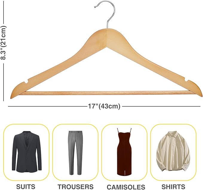 Wooden Hangers 10 Pack,Heavy Duty Wood Coat Hangers,with 360-degree Hook，Smooth Finish Wooden Clothes Hangers with Non Slip Pants Bar, Sturdy Clothes Hangers for Shirts,Suit,Natural