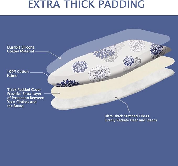 SheeChung Ironing Board Cover and Pad 18“x49”,Thick Scorch Resistant Padding,Heavy Duty Ironing Cover Fits Extra Wide Boards,Elastic Edge & Adjustable Fastener,Silicone Coating,Dahlia