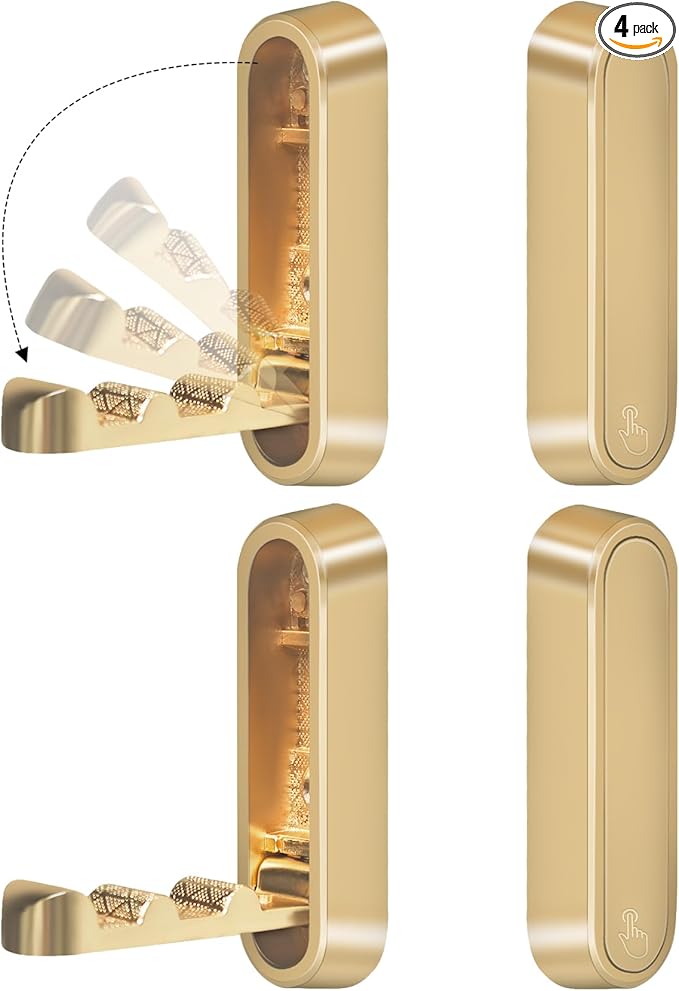 4PCS Foldable Gold Wall Hooks, Heavy Duty Zinc Alloy Folding Wall Hooks, Folding Hidden Coat Hooks Wall Mount Bathroom Foldable Towel Hooks for Hanging Clothes, Bags, Hats, Bathrobes, Keys etc (Gold)