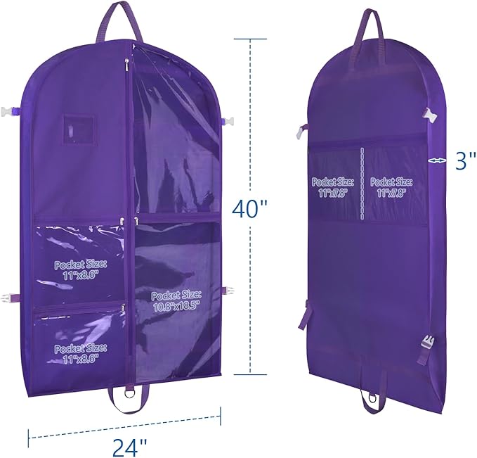 Zilink Clear Dance Costume Garment Bag for Dancers 40" Garment Bag for Dance Competitions with 5 Clear Zipper Pockets and Handles for Dance Competition Closet Storage, Purple, 3 Pack