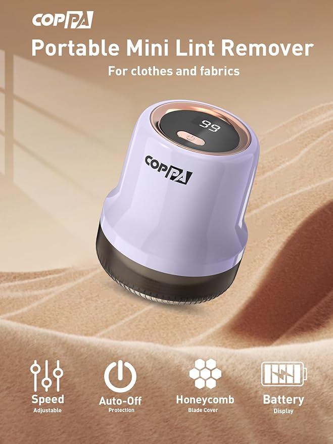COPPA Lint Remover, LR-MINI USB Rechargeable Lint Removal 6 Blades & 3 Speed Shut-Off Protection Electric Portable Remove Fuzz Lint with Battery Display for Furniture Curtain Clothing