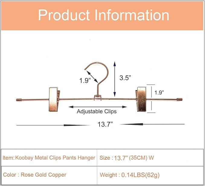 13.7" Rose Gold Copper Pants Hangers with Clips of Strong Non-Slip Skirt Hangers, Space Saving Hangers -Adjustable Clips for Slacks, Jeans, Clothes,Pants -10 Pack