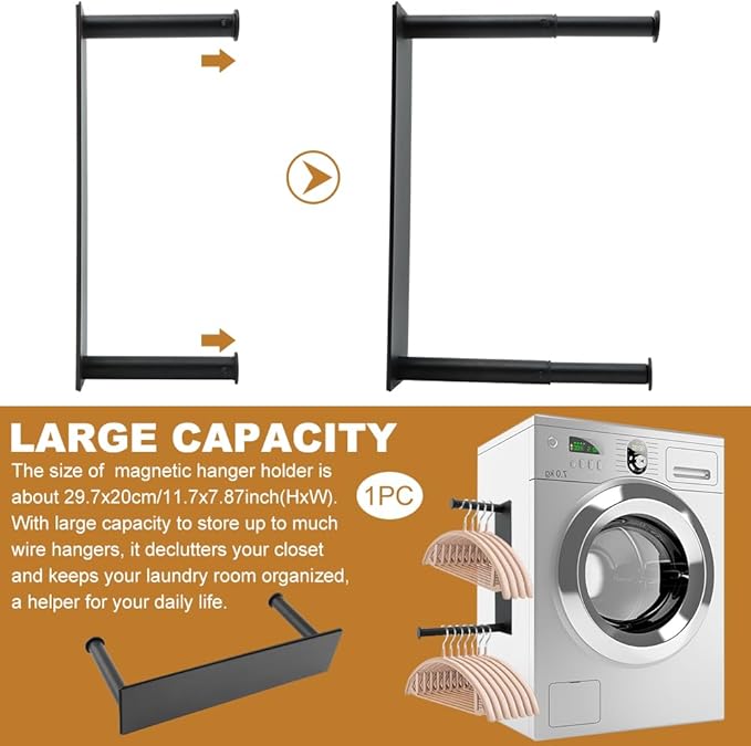 Magnetic Hanger Holder for Laundry Room, Extendable Hanger Stacker, Magnetic Hanger Holder for Washing Machine Closet Laundry Room(Color:Black)