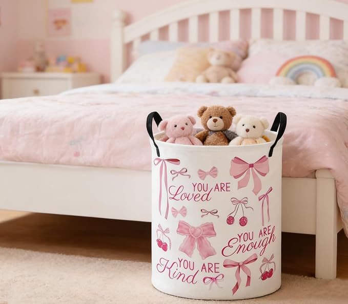 ESSME Kids Laundry Basket,Pink Hamper Collapsible Canvas Waterproof Storage Bin for Girls, Cute Hamper,Gift Baskets(bow)