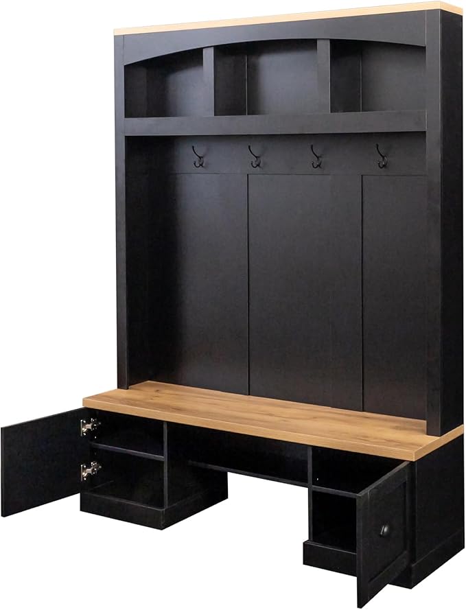 Hall Tree with Wood Grain Bench and Top, Farmhouse 4-in-1 Hall Tree with Black Hooks and Shell Handles, Multifunctional Wood Coat Rack with Adjustable Shelves for Hallway, Living Room (Black/153)