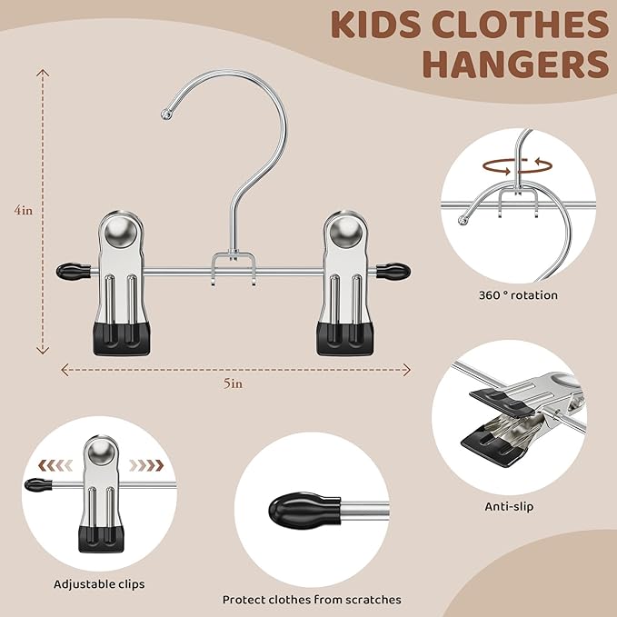 24 Pack Baby Hangers with Clips, 360°Rotatable Toddler Pant Hangers with Clips, Non-Slip Space Saving Kids Hanger for Newborn Children Clothes Skirts Boots Closet Organizers, Black