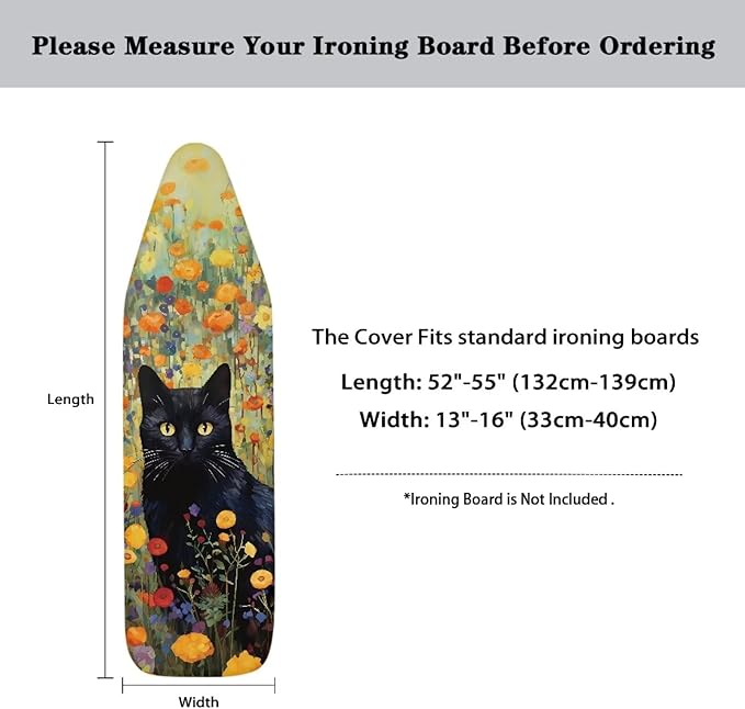 GLENLCWE Black Cat Floral Ironing Board Cover Standard Sizes 15x54 Inch,Cute Cat Print Iron Board Cover Replacement Protector with Elastic Edge and Hook and Loop