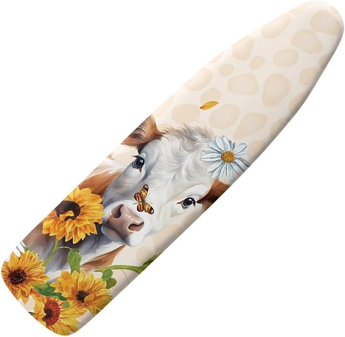 Sunflower Cow Ironing Board Cover and Pad Standard Full Size Iron Covers with Hook and Loop with Elastic Edge Scorch and Stain Resistant Thick Padding