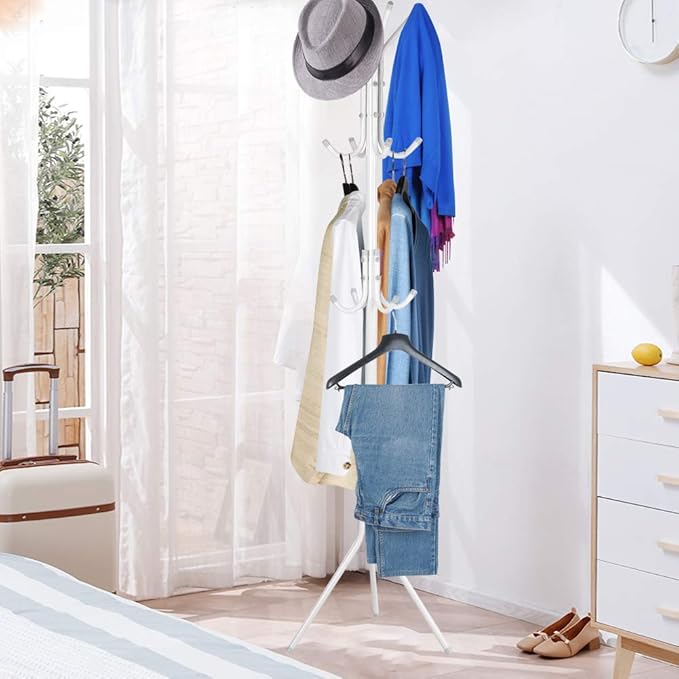 Ejoyous Coat Rack Stand, 10 Hooks Free Standing Hat Hanger Metal Hall Tree Clothes Holder Storage Stand for Home Enterway Entryway Hanging Jacket, Garment, Scarves, Handbags, Umbrella (White)