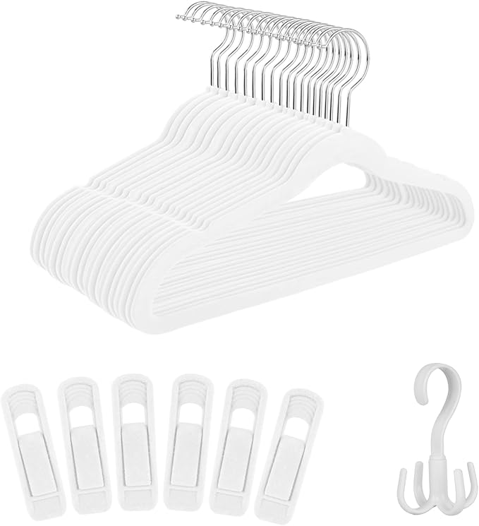 Tinfol Kids Velvet Hangers 30Pack, 14inch White Non-Slip Childrens Felt Hangers - Small Space Saving Clothes Hanger with 6pc Velvet Clips for Toddler' Clothes