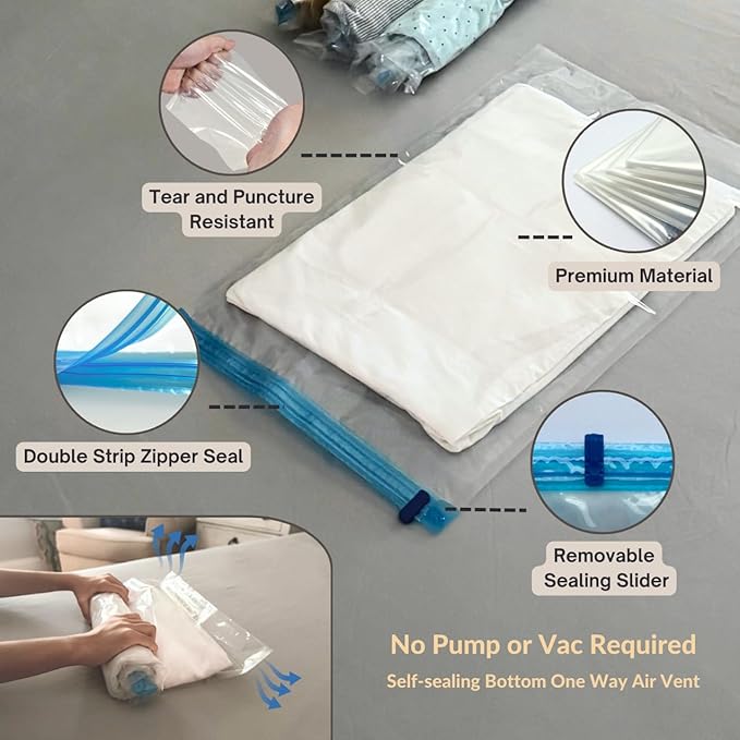 12 Pack Vacuum Storage Bags with Hand Pump, Compression Space Saver for Comforter, Bedding, Blanket Storage, Vacuum Seal Bags for Clothing, Luggage Suitcase and Closet Organizer