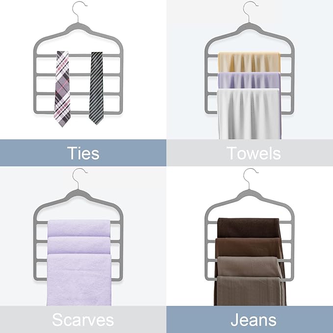 Tinfol 6pc Velvet Pant Hangers - Gray Space Saving Non-Silp Hangers, Jeans Slack Trousers Hanger, Multi Layer Clothes Hanger Closet Organizer for Clothes