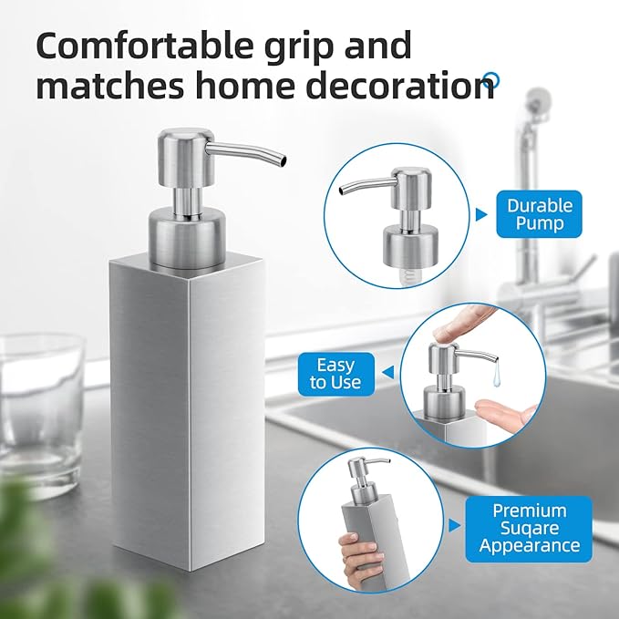 Soap Dispenser with Rust Proof Stainless Steel Pump Refillable for Bathroom and Kitchen Soap Dispenser for Essential Oils, Liquid, Lotions (8.5OZ / 250ML)