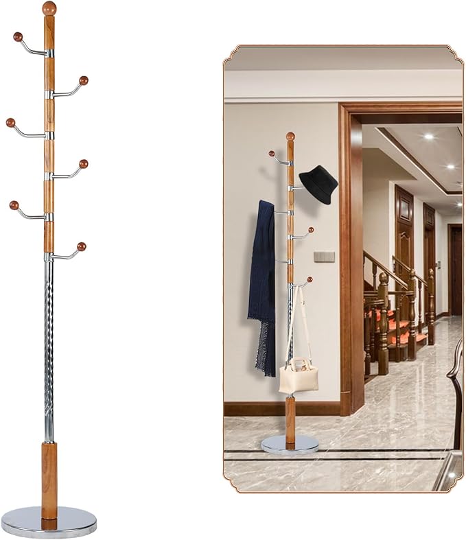 Coat Rack Freestanding, Wooden Tree Coat Rack Stand with 3 Adjustable Sizes Coat Tree and 11 Hooks, Sturdy Hall Tree with Solid Round Base for Entryway, Hallway,Bedroom (Solid Wood Metal Hook)