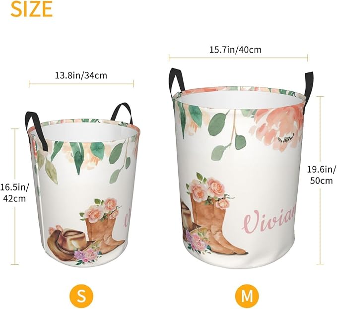 Personalized Laundry Basket for Nursery, Custom Nursery Laundry Hamper with Name, Customize Baby Clothes Circular Hamper for Boys Girls Room Decor, Cowgirl